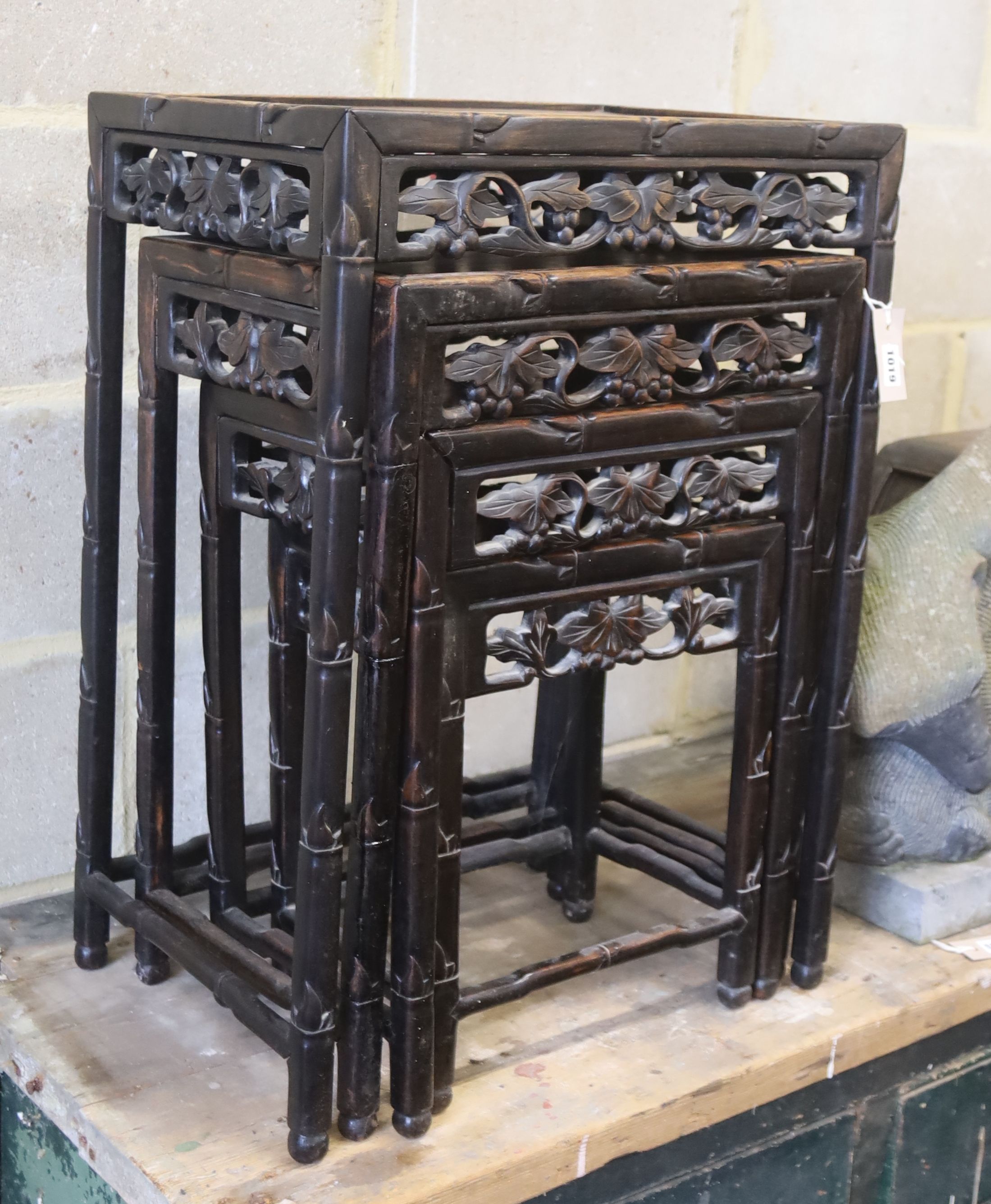A quartetto of rectangular Chinese hardwood tea tables, width 50cm, depth 36cm, height 70cm
